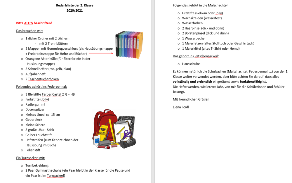 schulsachenliste 2 klasse