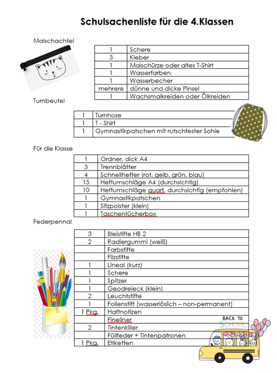 schulsachenliste 4 klasse