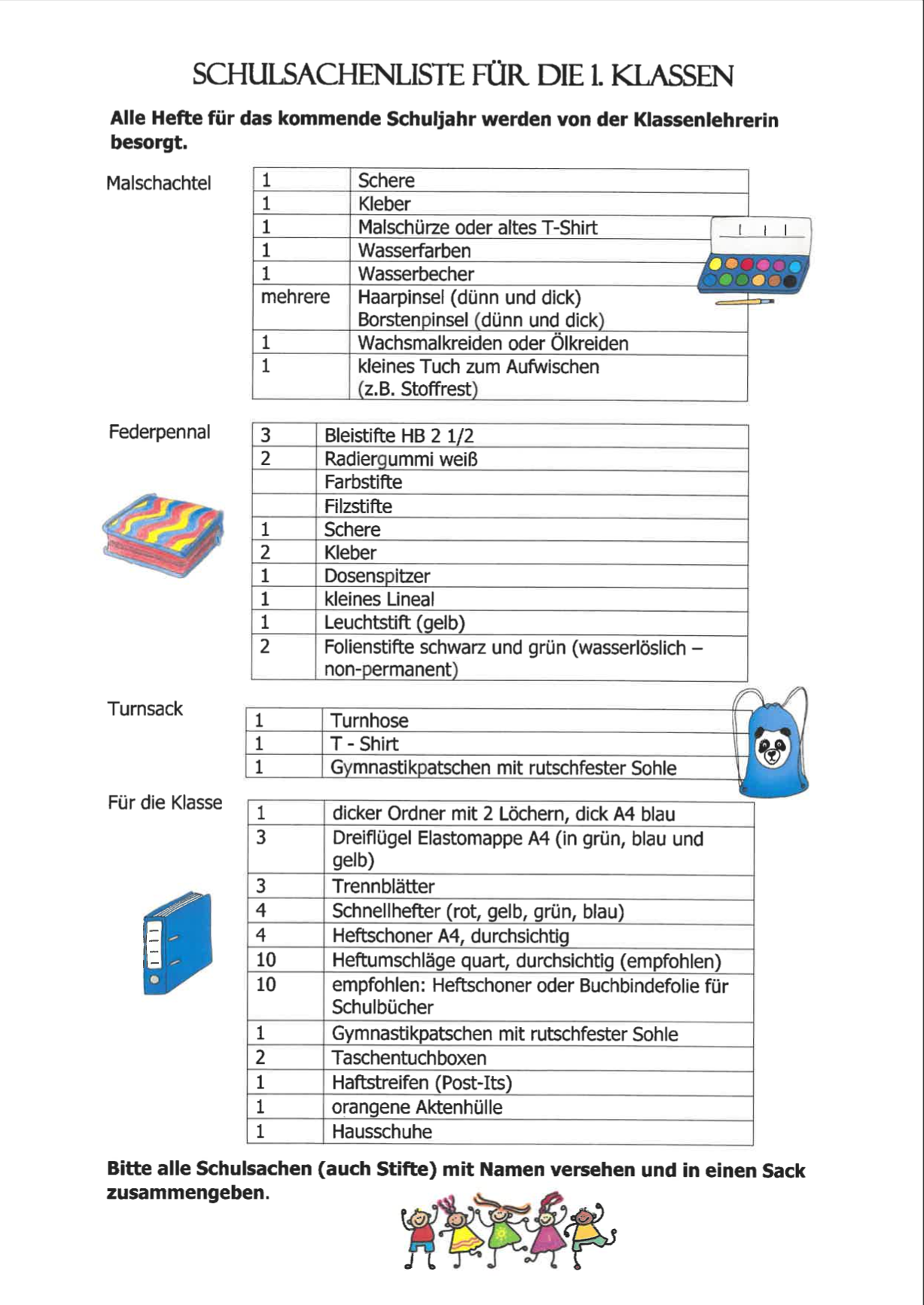 schulsachenliste 1 klasse